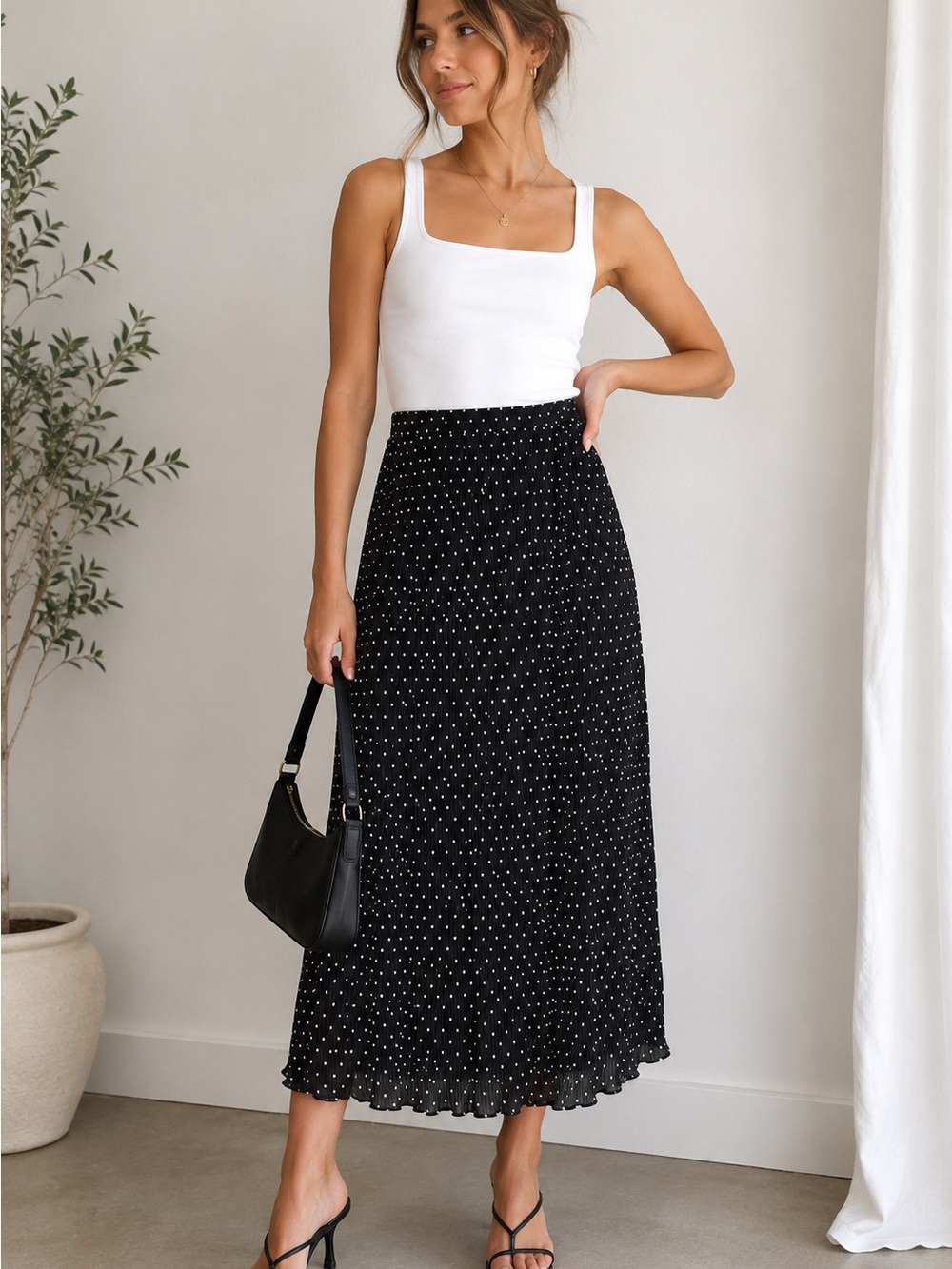Lioness Black white Polka Dot Pleated Maxi Skirt M Pull on Elastic Waist Preppy